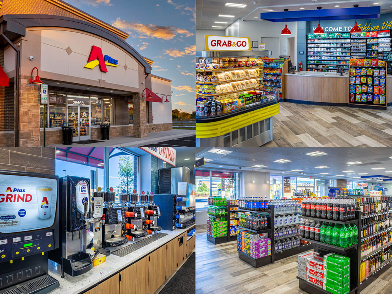 Montage of Aplus store exterior and interiors