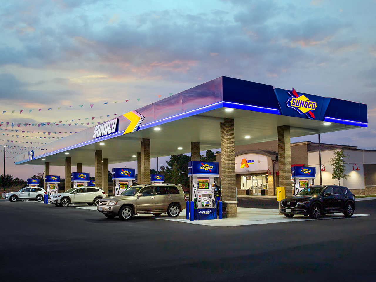 Sunoco gas pumps at Aplus convenience store